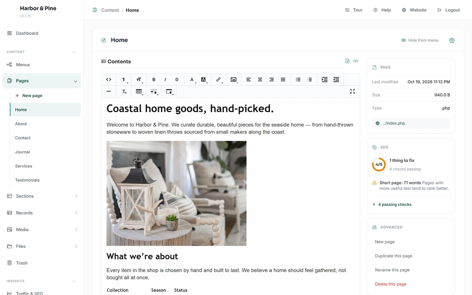 The ConceptCMS page editor: a formatting toolbar over the home page of a demo shop, with page details, an SEO check scoring 4 of 5 and page actions in the right column.