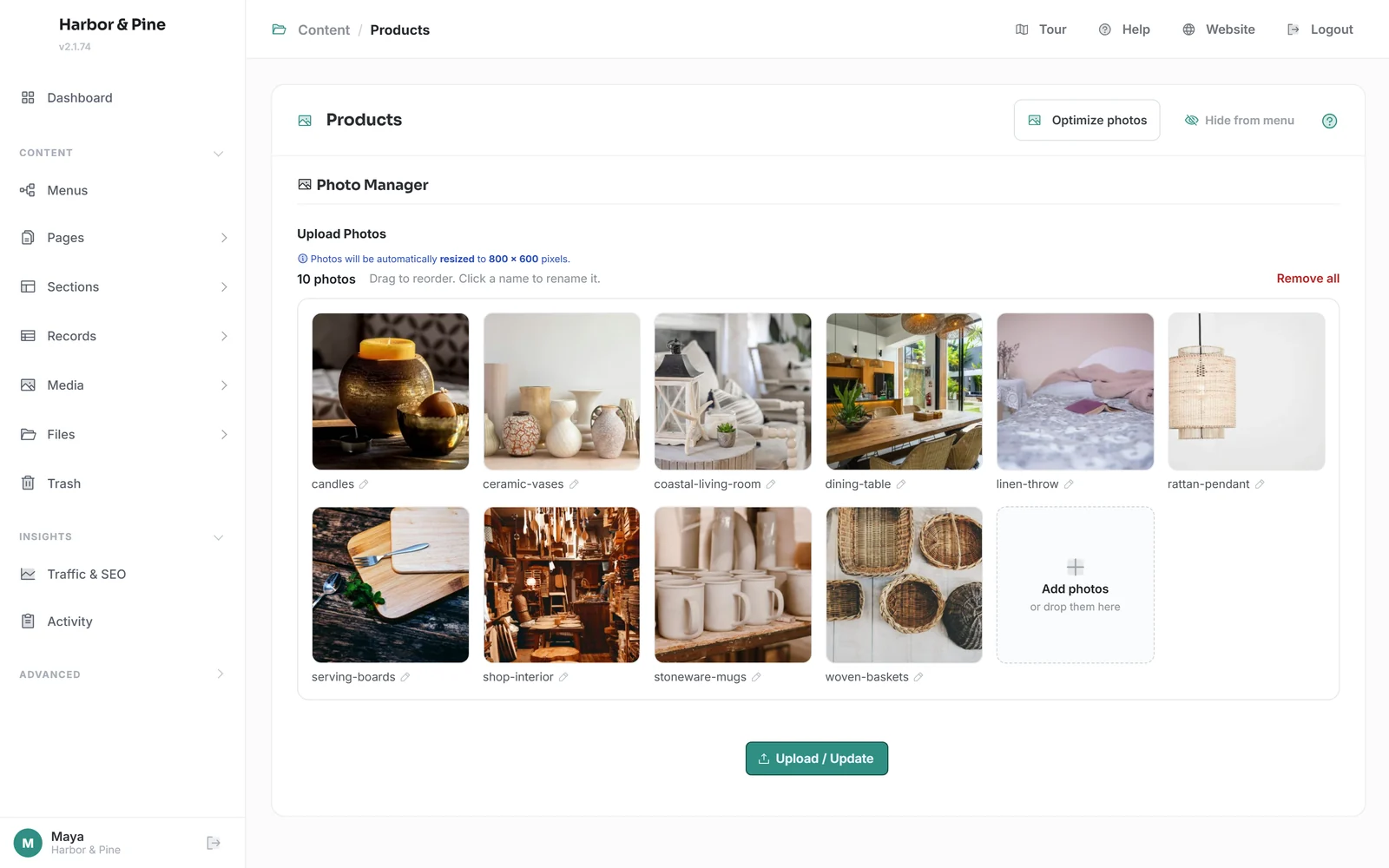 The ConceptCMS photo manager showing a Products folder of ten product photos, from candles and ceramic vases to woven baskets, with an Add photos drop zone.