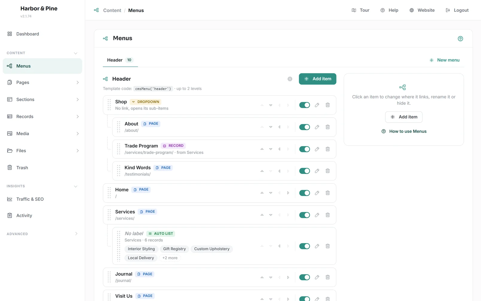 The ConceptCMS menu manager: a header menu with a Shop dropdown, page and record links, and an auto list of services, each with drag handles, an on/off toggle and edit buttons.