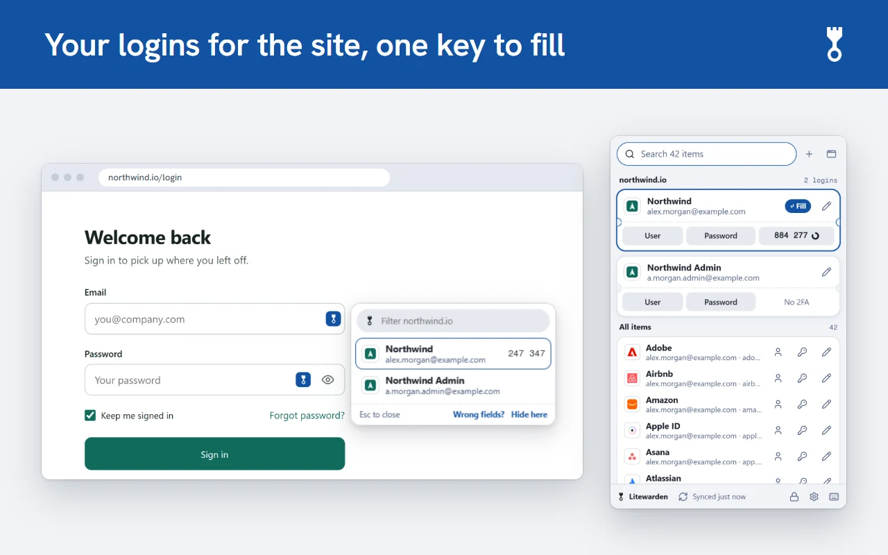 Litewarden filling a login on a demo sign-in page: a menu of two matching logins opens under the email field, and the popup lists the site's logins first with a Fill button and a live 2FA code.