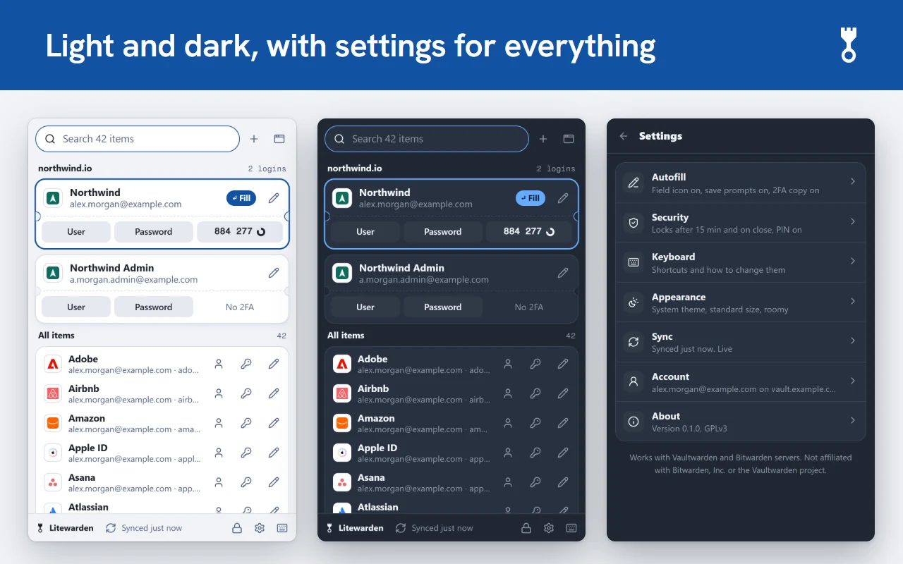 The Litewarden popup in light and dark themes side by side, next to the settings screen for autofill, security, keyboard, appearance, sync and account.
