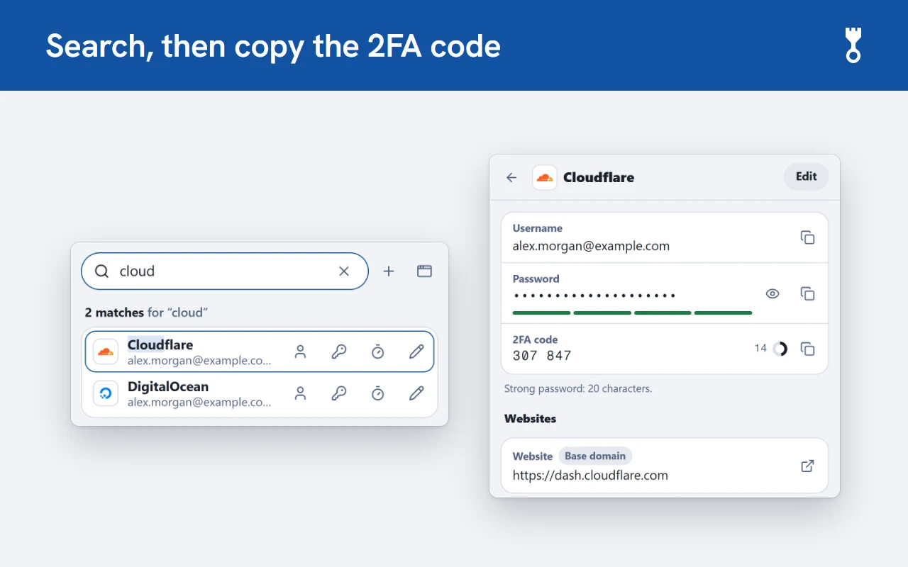 A Litewarden search for "cloud" with two matches, next to the Cloudflare item showing its username, a masked password and a six-digit 2FA code with a countdown.