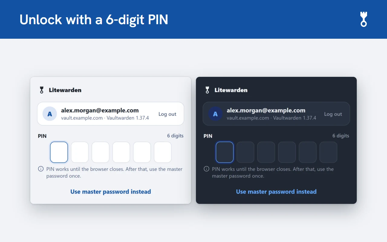 The Litewarden unlock screen in light and dark themes, with six PIN boxes and a link to use the master password instead.